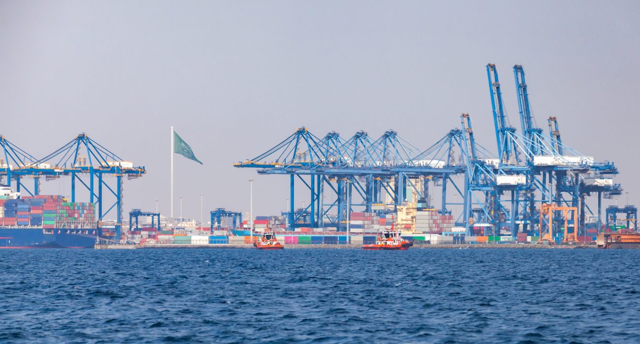 Gantry cranes unloading containers from a container ship at a port terminal.
