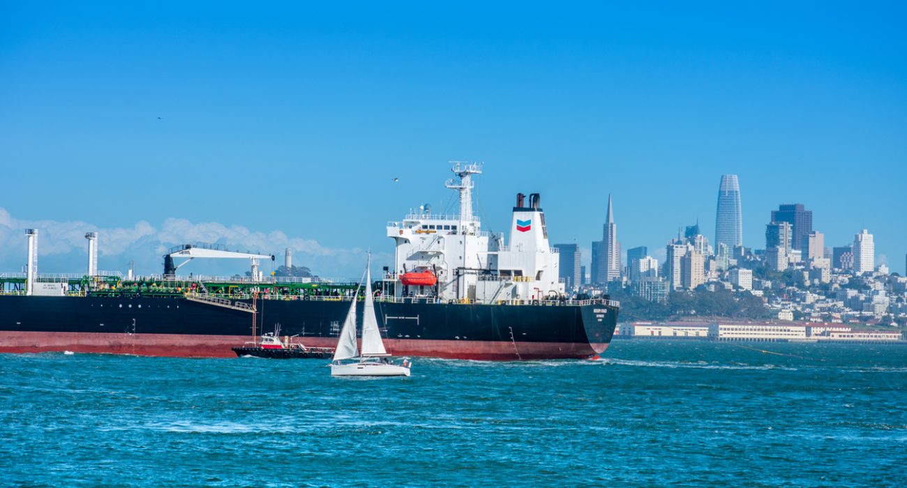 Chevron oil tanker in San Francisco Bay illustrating maritime fuel imports to California