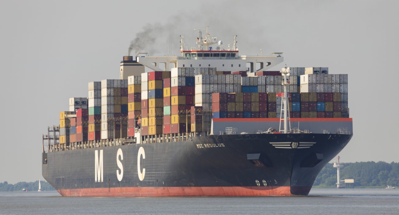 MSC Regulus container ship on Elbe River near Hamburg