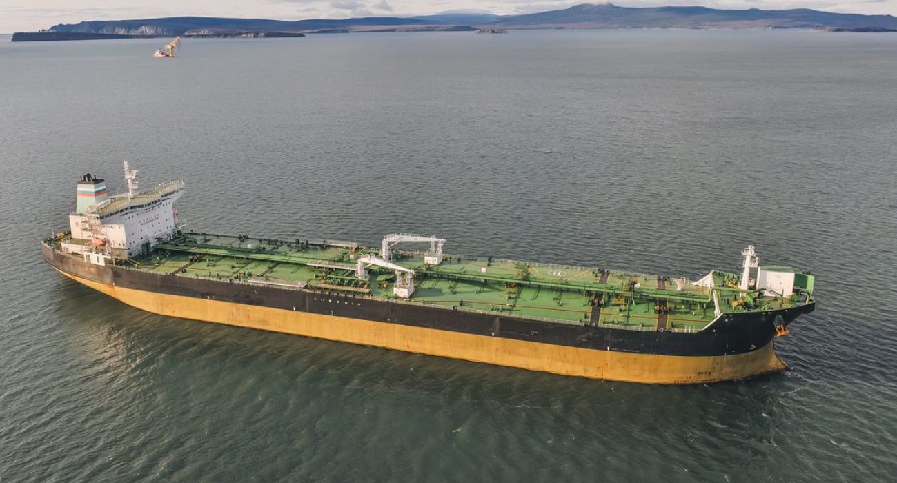 Russian oil tanker operating offshore near Sakhalin transporting crude oil cargo