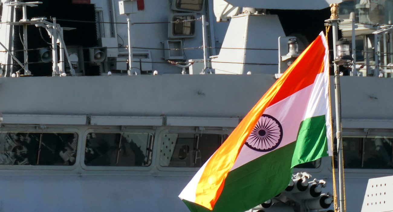 Indian Navy destroyer INS Kolkata bridge with Indian flag