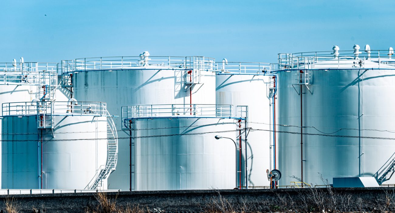Oil storage tanks at Japanese port terminal for petroleum imports