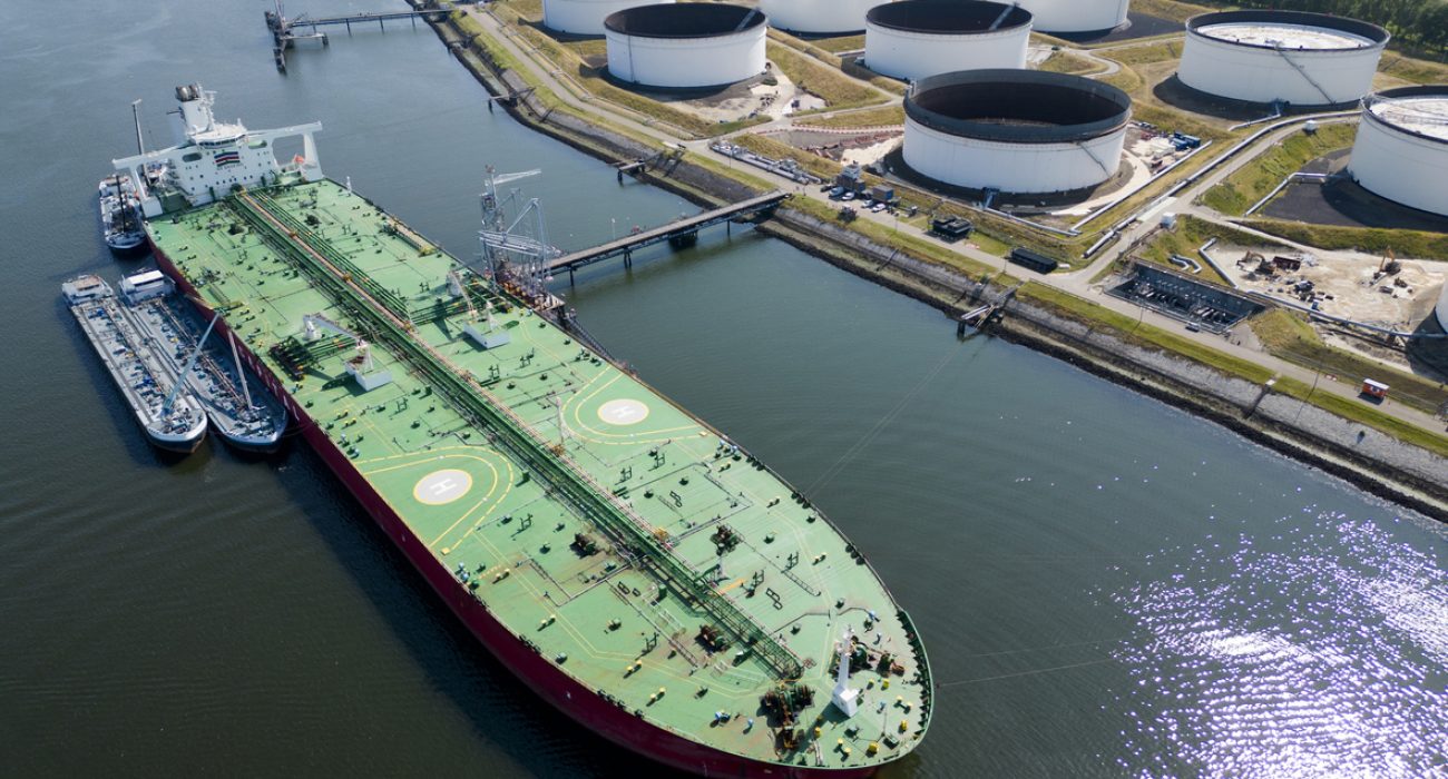 Crude oil tanker docked at the Port of Rotterdam energy terminal.