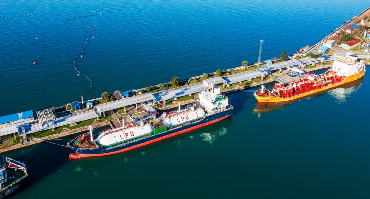 LPG tankers moored at marine terminal loading liquefied petroleum gas cargo