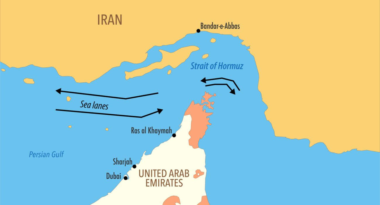 Strait of Hormuz political map showing key shipping chokepoint between Iran, Oman and UAE