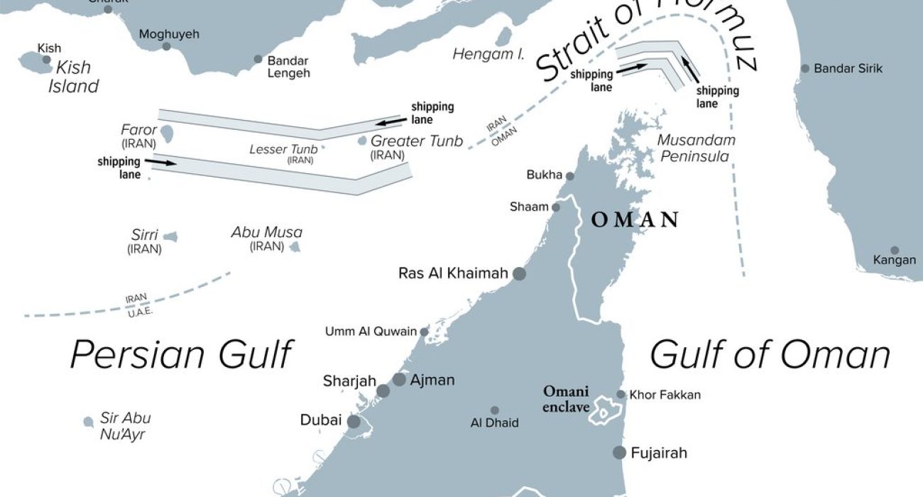 Strait of Hormuz map showing key Gulf shipping routes and war risk insurance zone expansion
