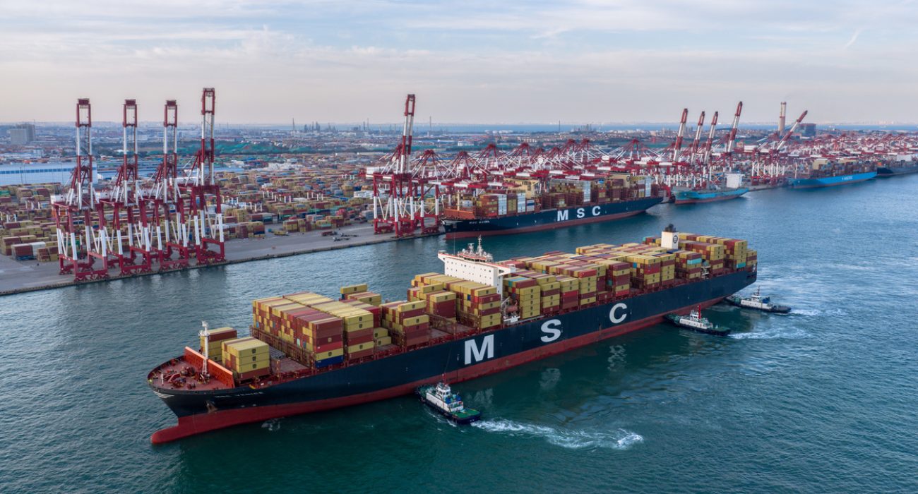 MSC container ship docked at container terminal port operations