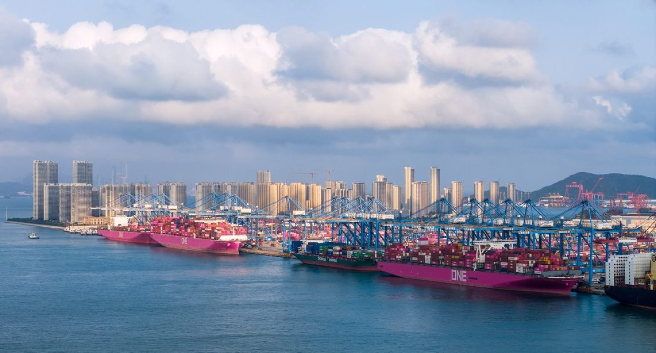Container stacks at Qingdao Port China highlighting export volumes and US China maritime trade exposure.