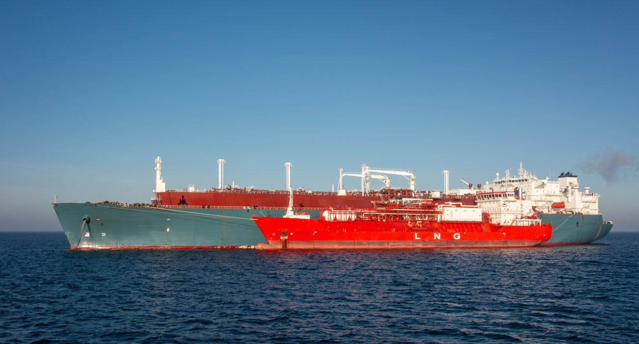 Liquefied natural gas tankers conducting ship to ship cargo transfer