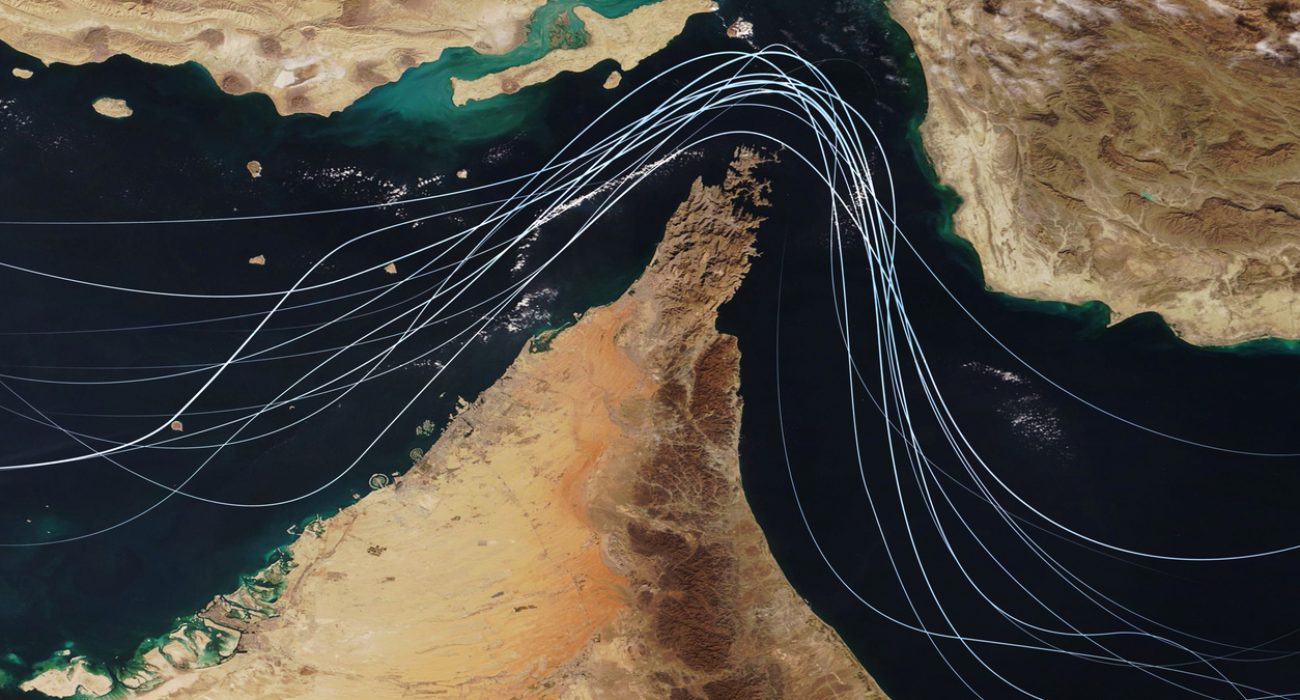 Satellite view of the Strait of Hormuz showing major global shipping routes amid Gulf maritime disruption