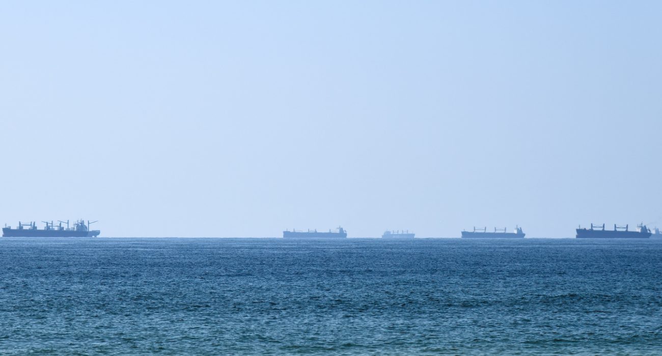 Oil tankers anchored off Oman near the Strait of Hormuz amid shipping security concerns