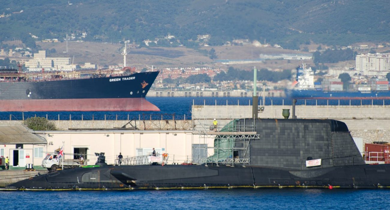 Royal Navy submarine HMS Ambush in dry dock in Gibraltar during repair works