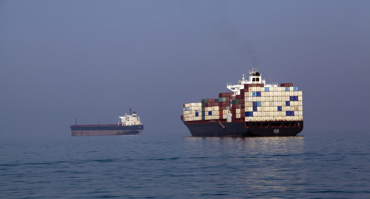 Cargo vessel transiting the Strait of Hormuz, a key maritime chokepoint for global shipping