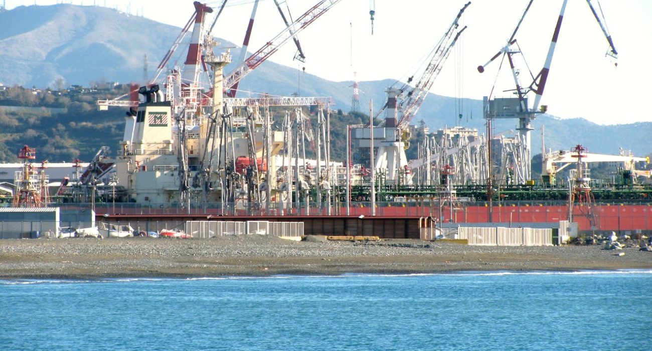 Commercial cargo ship at an Italian port during dockworker strike disruption