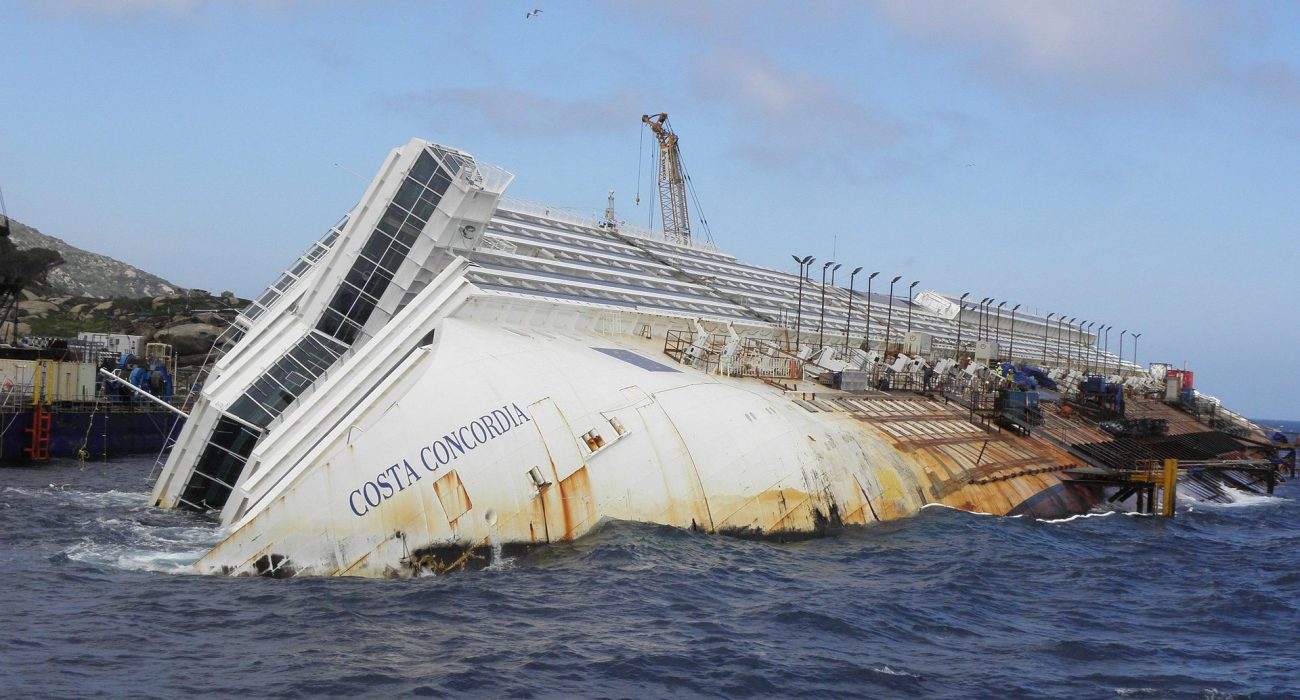 Capsized cruise ship Costa Concordia during the salvage operation off Giglio Island in 2012.